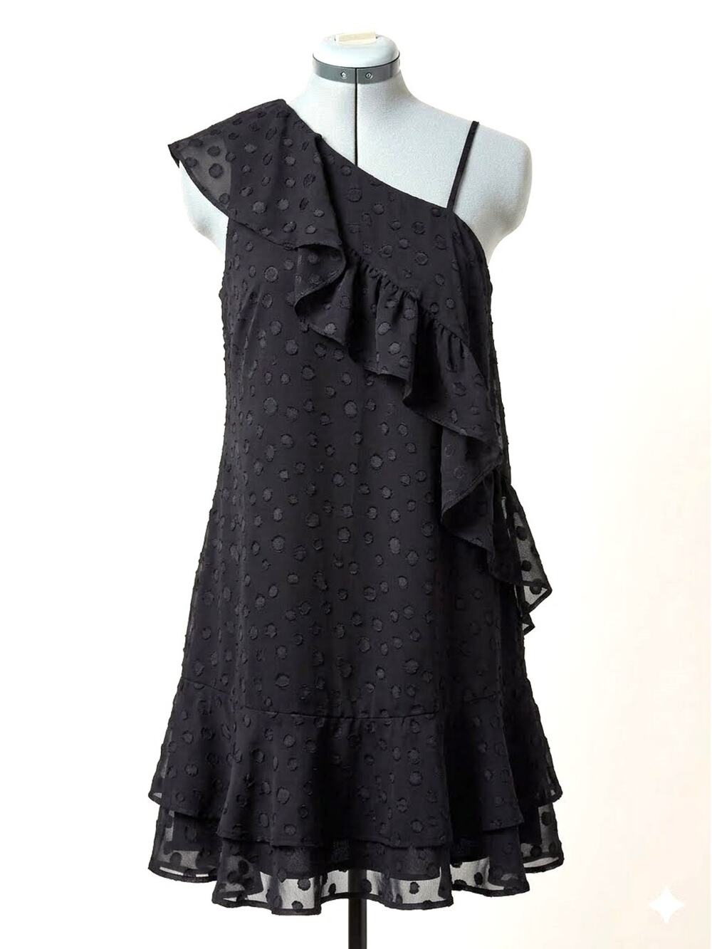 Religion Black Chiffon One Shoulder Ruffled Polka Dot Mini Dress Size Small New